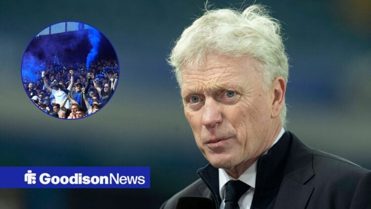 Everton manager David Moyes glances optimistically towards a circular inset, where the fans hold up blue flares in the stands.