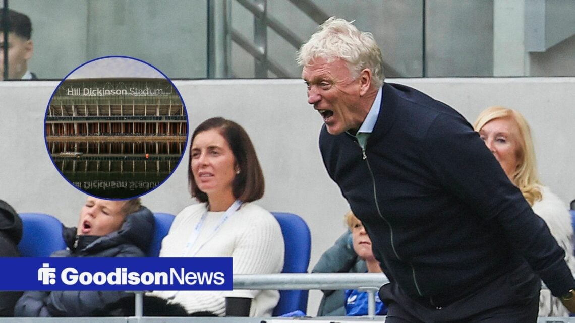 Everton boss David Moyes looking furious, Hill Dickinson Stadium in inset.