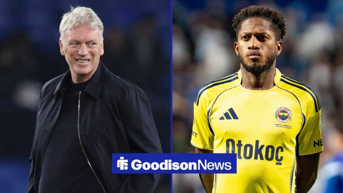 A split image as Everton manager David Moyes smiles across at Fenerbahce midfielder Fred, who stands with his hands behind his back ahead of a game.