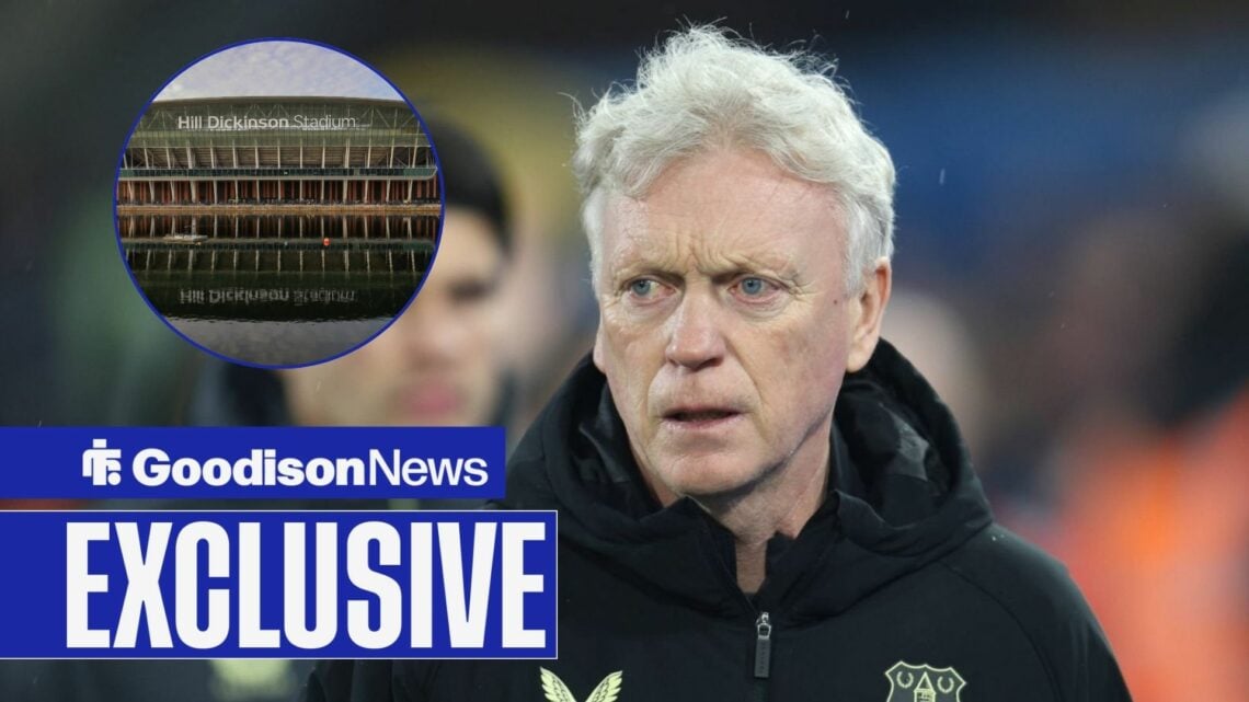 Everton boss David Moyes looking angry, Hill Dickinson Stadium in inset.