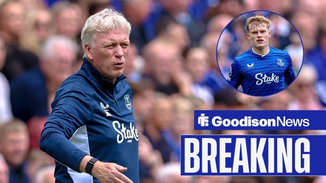 Everton boss David Moyes looks angry, Jarrad Branthwaite in inset.