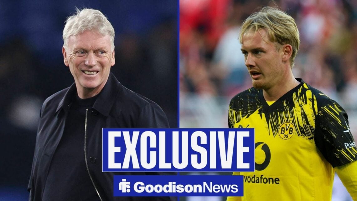 Goodison News exclusive as Everton manager David Moyes smiles across at Julian Brandt, who is in action for Borussia Dortmund on the right half of ...