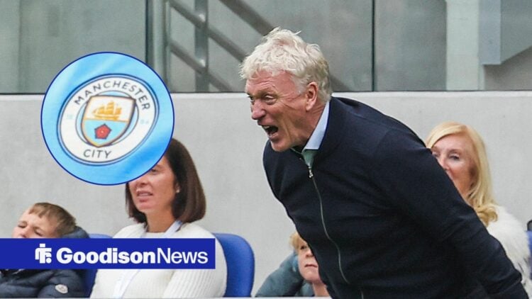 Everton boss David Moyes looking furious, Manchester City badge in inset.