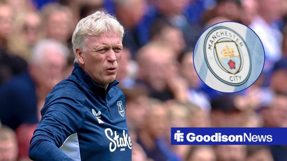 Everton manager David Moyes looking angry, Man City badge in inset.