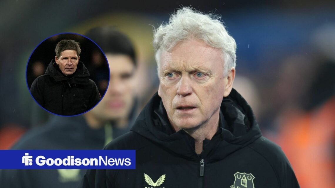 Everton boss David Moyes looks concerned, Oliver Glasner in inset.