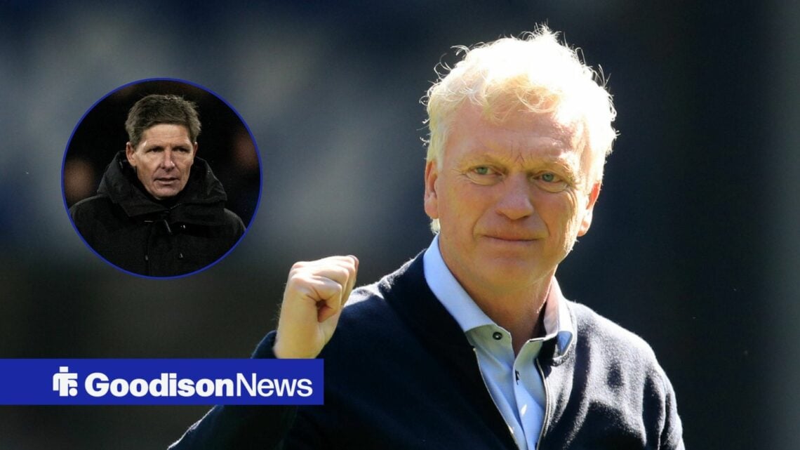Everton manager David Moyes looking happy, Oliver Glasner looking moody.