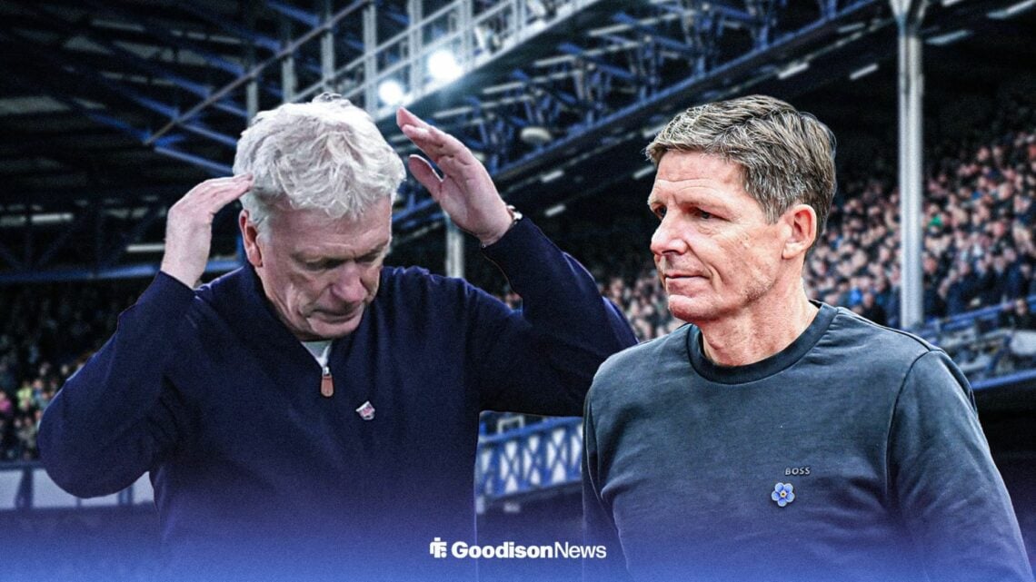 Everton boss David Moyes and Oliver Glasner looking upset.