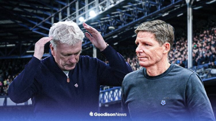 Everton boss David Moyes and Oliver Glasner looking upset.