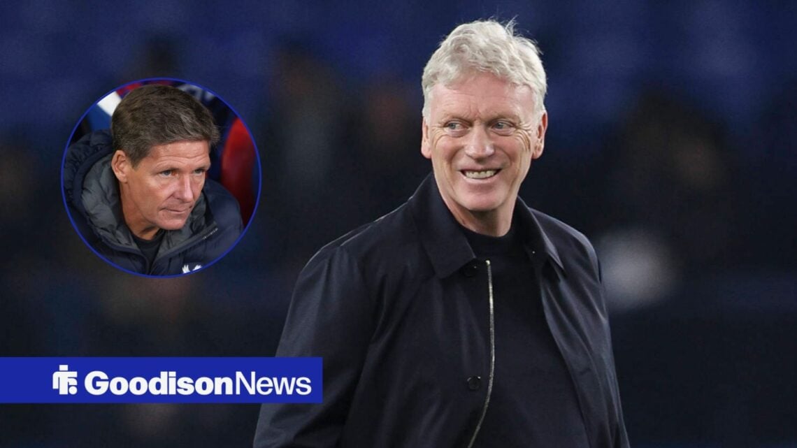 Everton boss David Moyes looking happy, Oliver Glasner looking dejected.