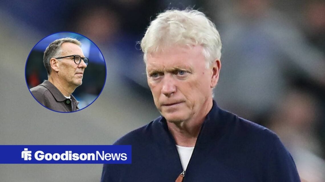 Everton boss David Moyes looking angry, Paul Merson in inset.