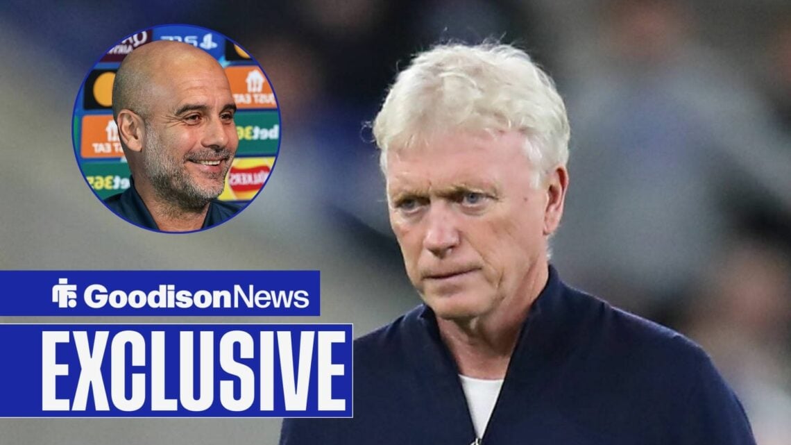 Everton boss David Moyes looking angry, Pep Guardiola in inset.