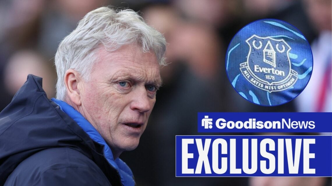 Goodison News exclusive as David Moyes scowls in the direction of the Everton badge, which features in a circular inset.