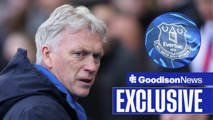 Goodison News exclusive as David Moyes scowls in the direction of the Everton badge, which features in a circular inset.