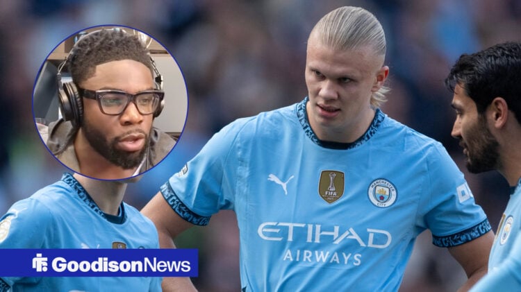 Manchester City striker Erling Haaland stands with his hands on his hips, as Micah Richards wears headphones in a circular inset.