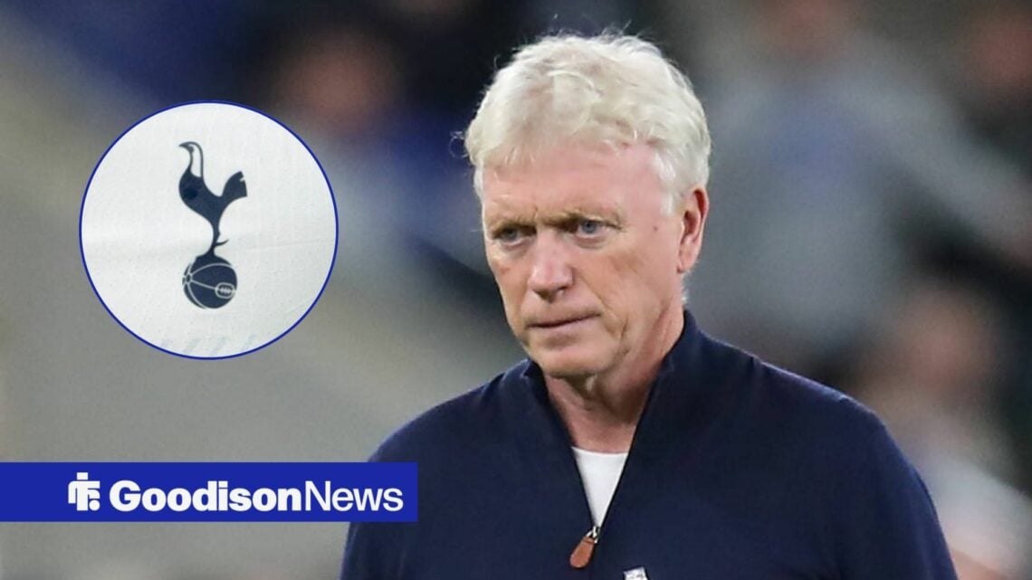 Everton boss David Moyes looking furious, Tottenham badge in inset.