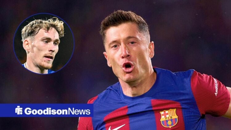 Barcelona striker Robert Lewandowski and Everton midfielder James Garner