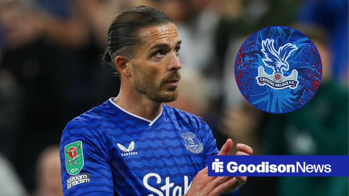 Everton star Jack Grealish clapping, Crystal Palace badge in inset.