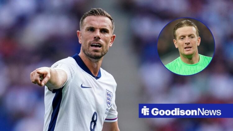 Jordan Henderson in England action, Everton star Jordan Pickford in inset.