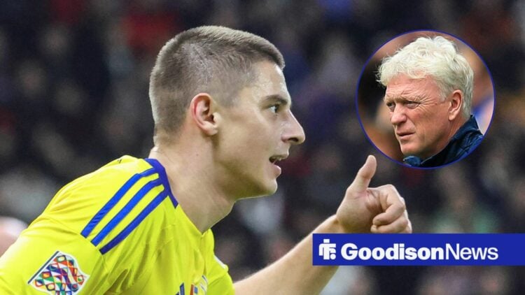 Everton defender Vitalii Mykolenko and David Moyes in circular inset