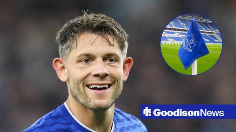 James Tarkowski and Everton corner flag in circular inset