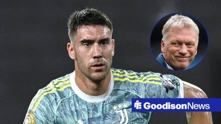 Juventus striker Dusan Vlahovic and Everton manager David Moyes in circular inset