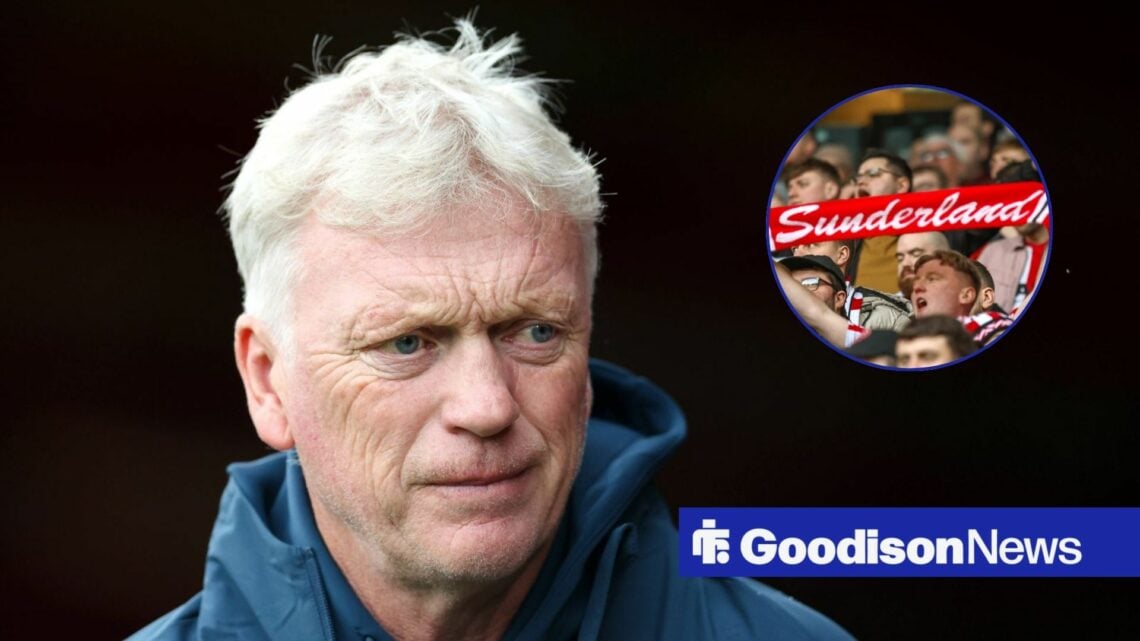 Everton boss David Moyes looking concerned, Sunderland fans in inset.