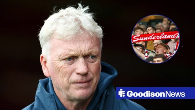 Everton boss David Moyes looking concerned, Sunderland fans in inset.