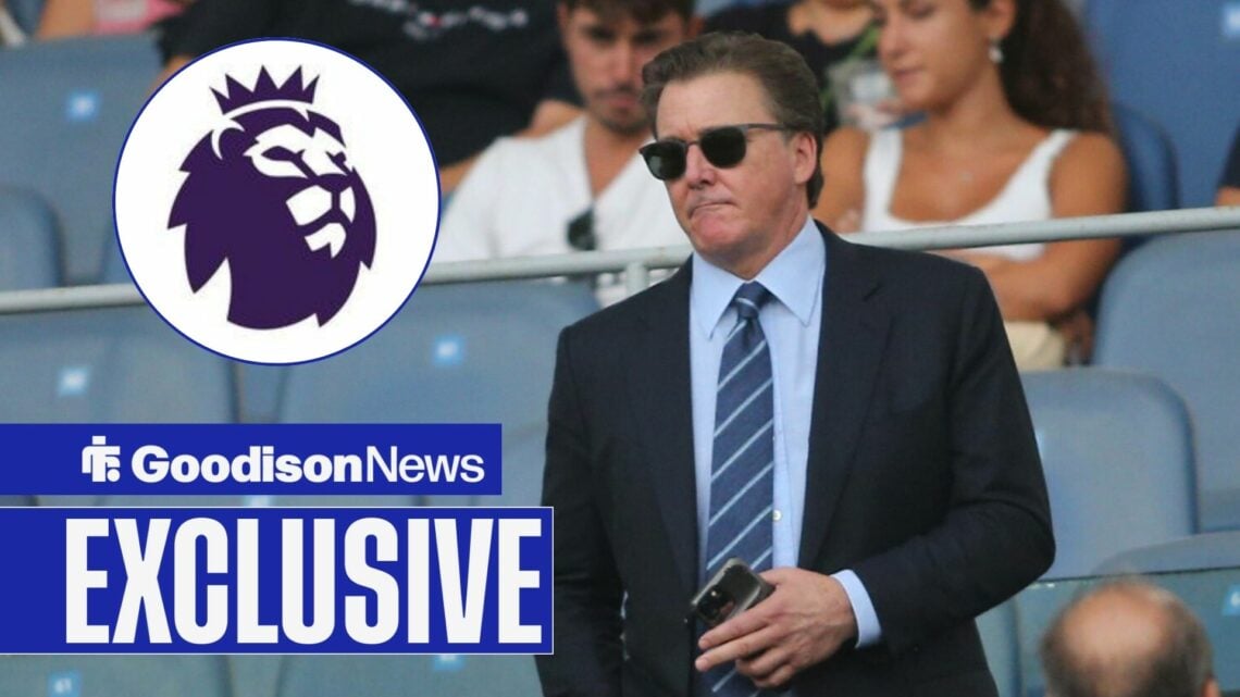 Everton owner Dan Friedkin watching on, Premier League badge in inset.