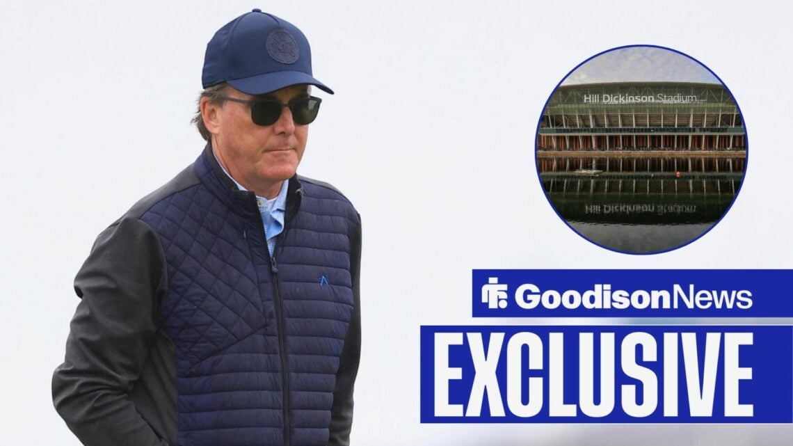 Everton owner Dan Friedkin, Hill Dickinson Stadium in inset.