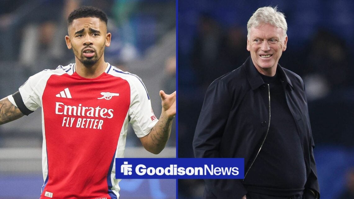 A split image as Gabriel Jesus is in action for Arsenal in the left half, while Everton manager David Moyes smiles across from the right half.