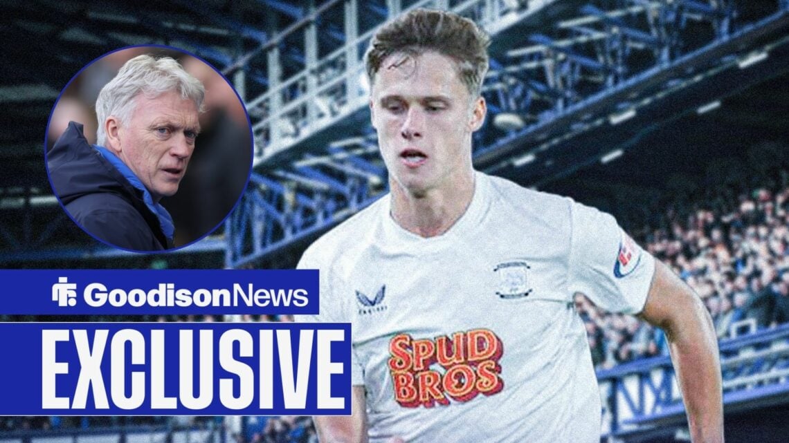 Goodison News exclusive as Harrison Armstrong is in action during a game for Preston North End, as Everton manager David Moyes watches on from a ci...