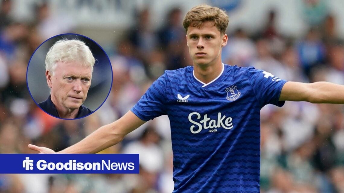 Everton starlet Harrison Armstrong in action, David Moyes in inset.