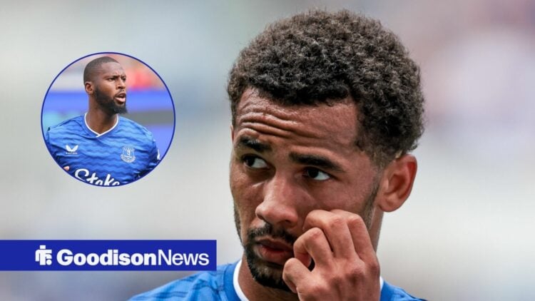 Everton ace Iliman Ndiaye looking confused, Beto in inset.