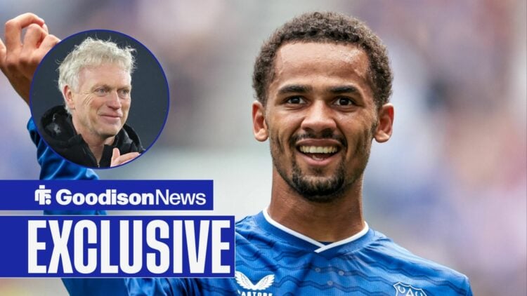 Goodison News exclusive as a close up image of Everton star Iliman Ndiaye smiling during a game is accompanied by manager David Moyes smiling in a ...