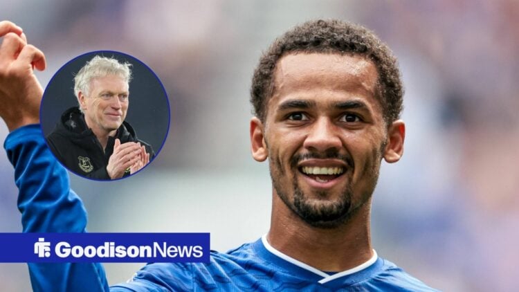 Everton star Iliman Ndiaye looking happy, David Moyes clapping in inset.