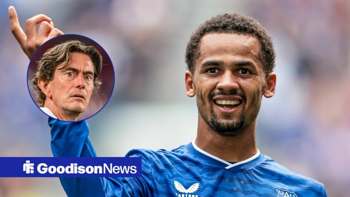 Everton star Iliman Ndiaye looking happy, Thomas Frank in inset.