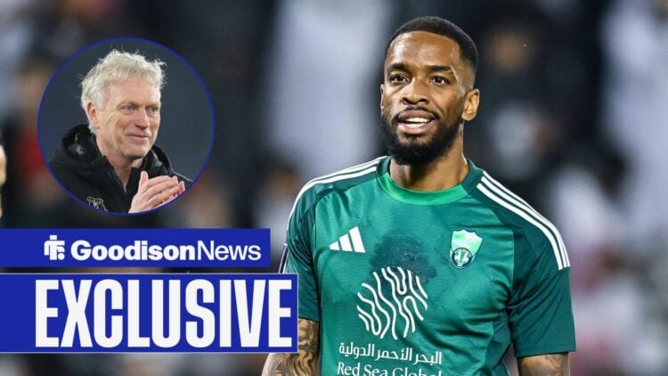 Goodison News exclusive as Ivan Toney smiles during a game for Al-Hilal, while Everton manager David Moyes applauds in a circular inset.