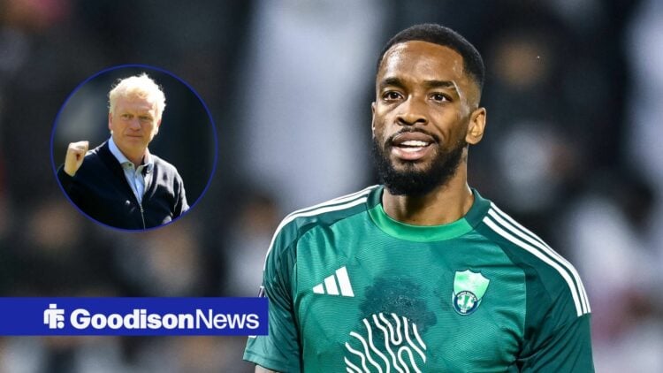 Ivan Toney looking happy, Everton boss David Moyes in inset.