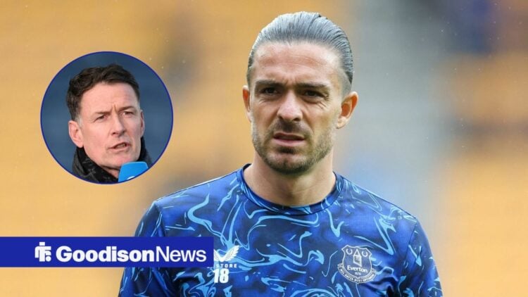 Everton star Jack Grealish looking confused, Chris Sutton in inset.