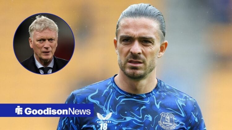 Everton star Jack Grealish stares towards a circular inset with a confused expression, where David Moyes appears stony-faced.