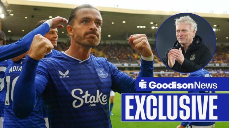 Goodison News exclusive as Everton star Jack Grealisg punches the air while celebrating a goal, as David Moyes applauds in a circular inset.