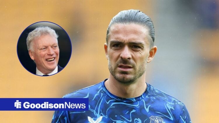 Everton star Jack Grealish looking miffed, David Moyes in inset.