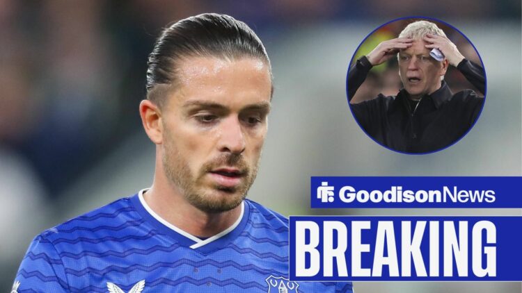 Everton star Jack Grealish looking upset, David Moyes baffled in inset.