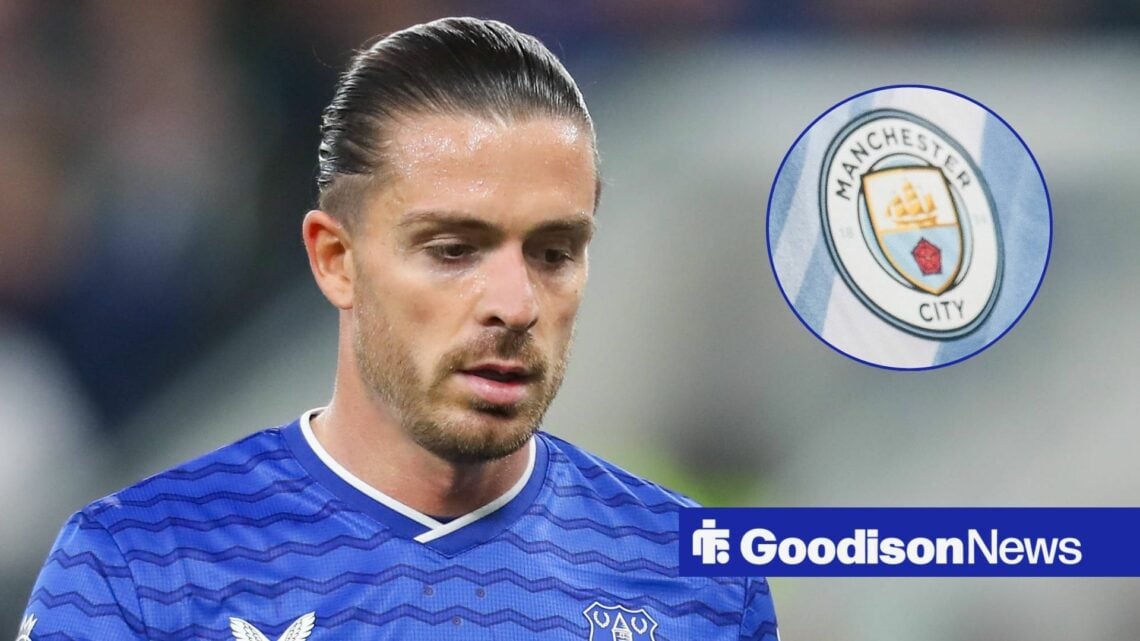 Everton star Jack Grealish looking upset, Manchester City badge in inset.