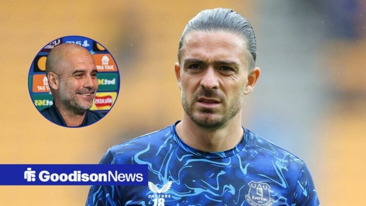 Everton star Jack Grealish looking confused, Pep Guardiola smiling in inset.