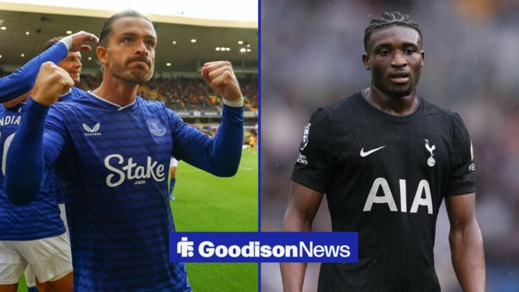A split image as Jack Grealish celebrates a goal for Everton in the left half, while Mohammed Kudus is in action for Tottenham in the right half.