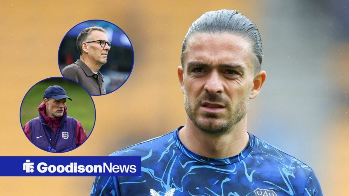 Everton ace Jack Grealish looking confused, Paul Merson and Thomas Tuchel in inset.