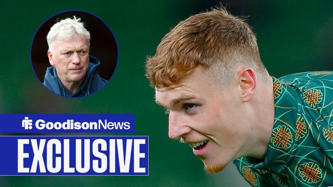 Everton star Jake O'Brien and David Moyes in inset.