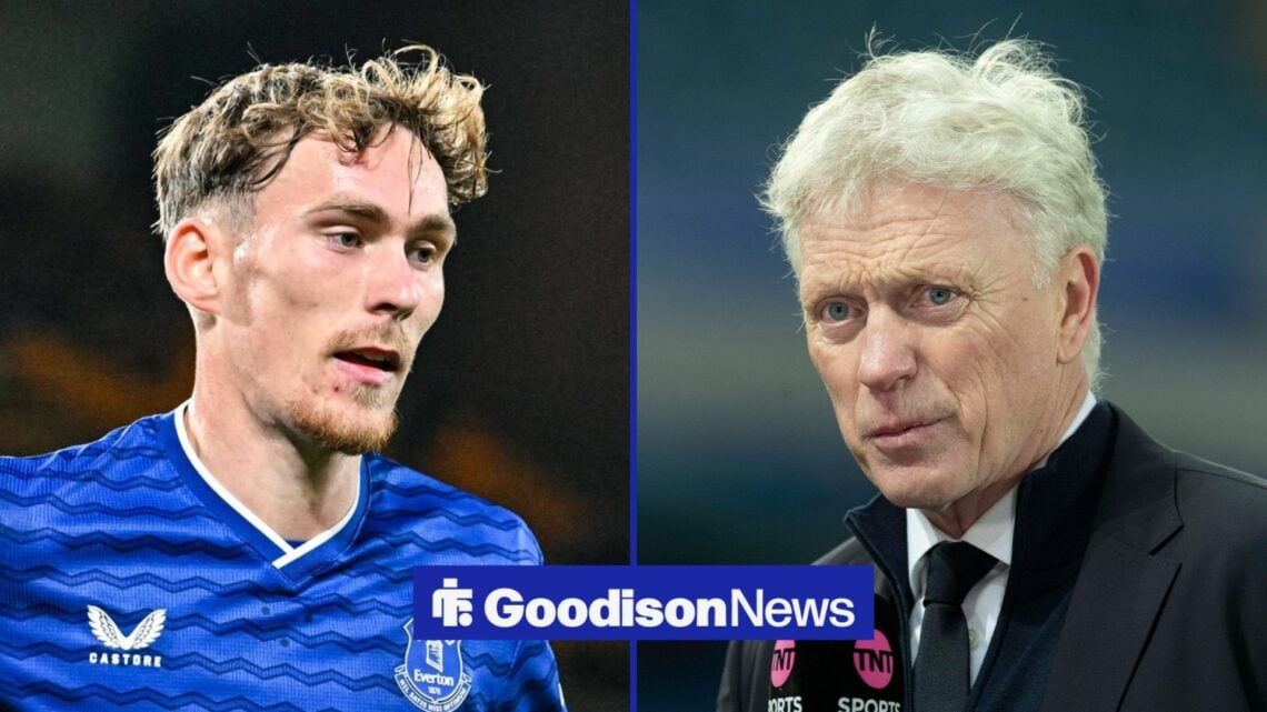 A split image as Everton star James Garner is in action during a game on the left, as manager David Moyes is being interviewed on the right.