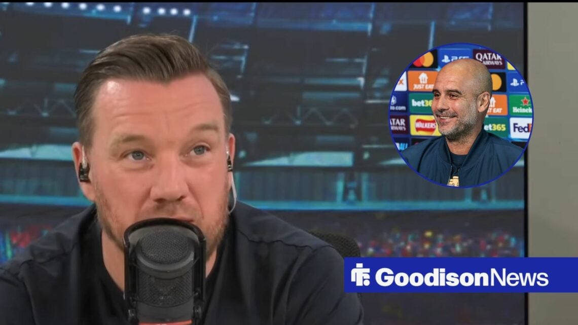 talkSPORT host Jamie O'Hara speaking after Everton's loss, Manchester City boss Pep Guardiola in inset.